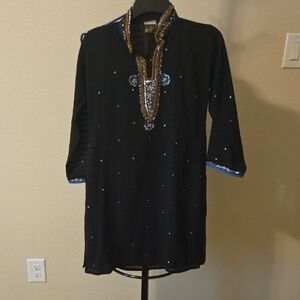 Black Sequin Embellished Dress with Plunge Neckline